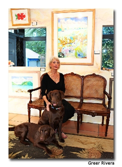 Elaine, with her dogs, Godiva and Truffles, who can often be seen meandering around during the parties.